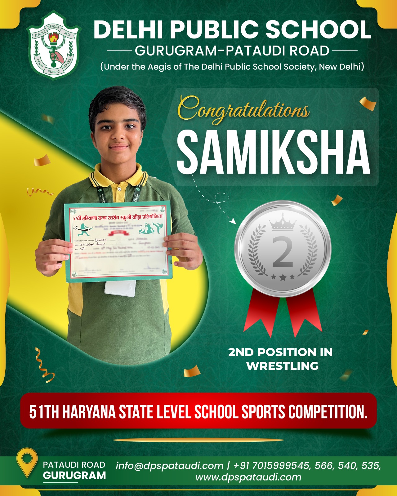 Samiksha of DPS Pataudi wins silver medal in wrestling