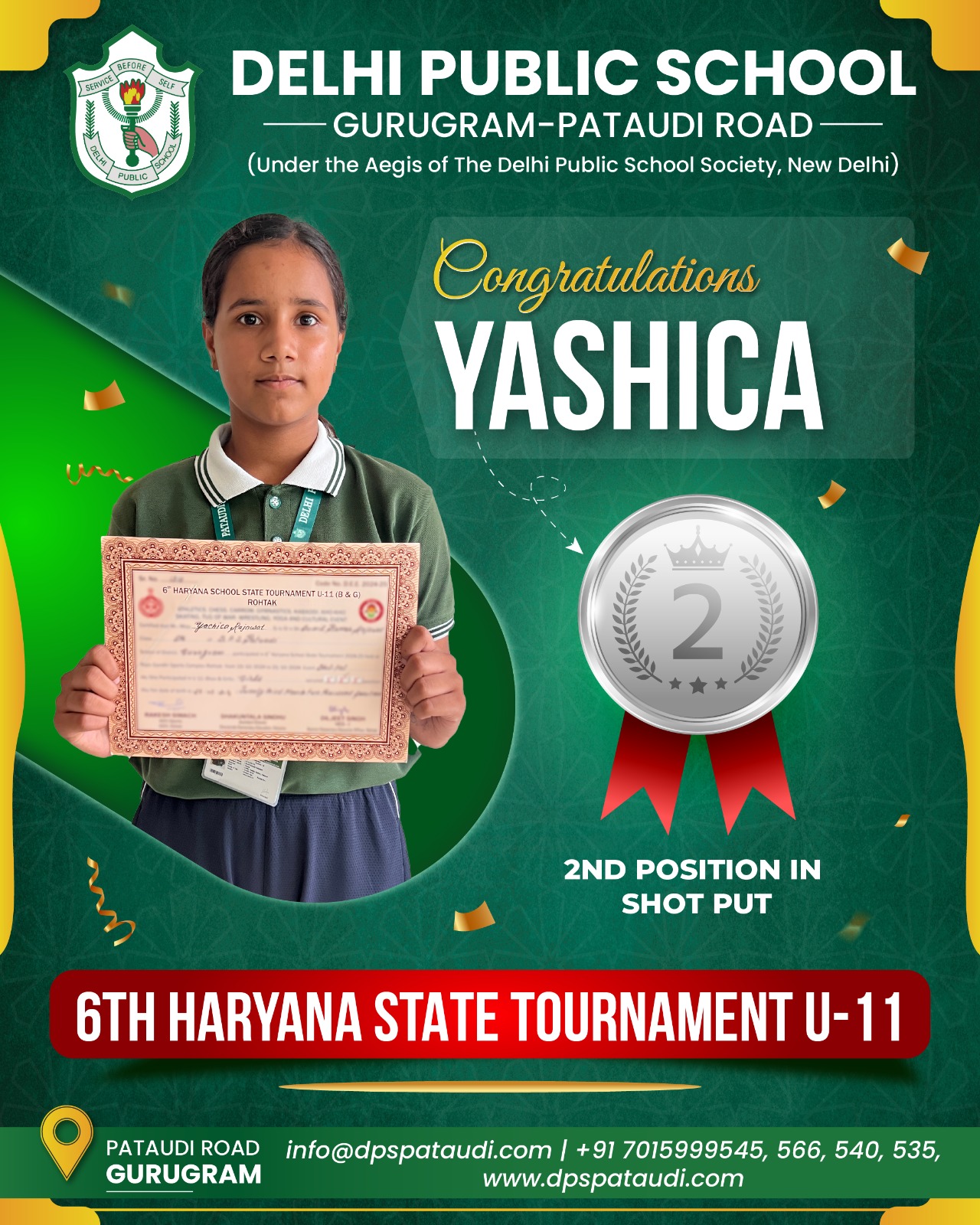 Yashica of DPS Pataudi wins silver medal in shotput